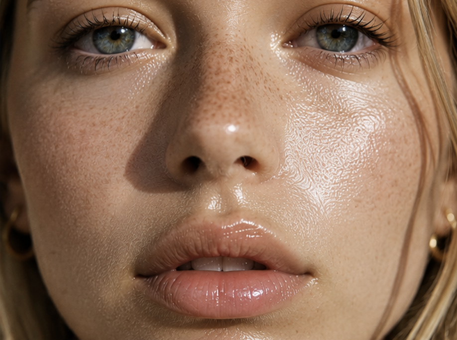 Close-up of healthy, glowing skin with natural texture.