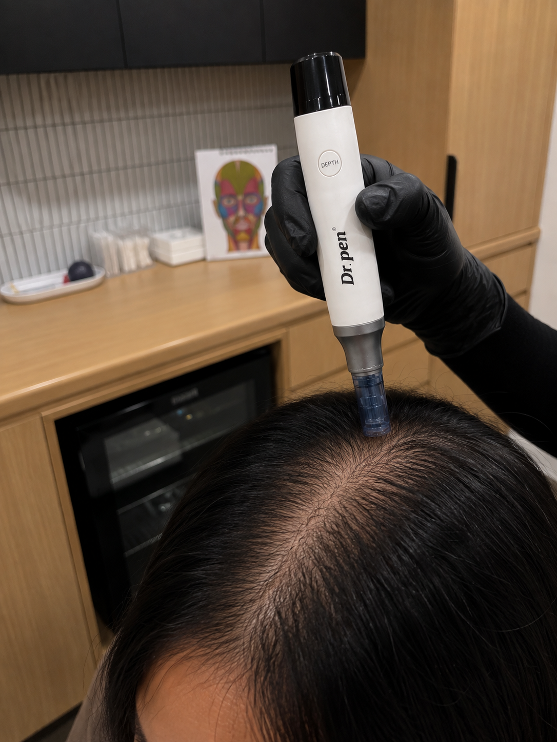 A person receiving scalp exosomes using a micro needling device for concerns of hair thinning.