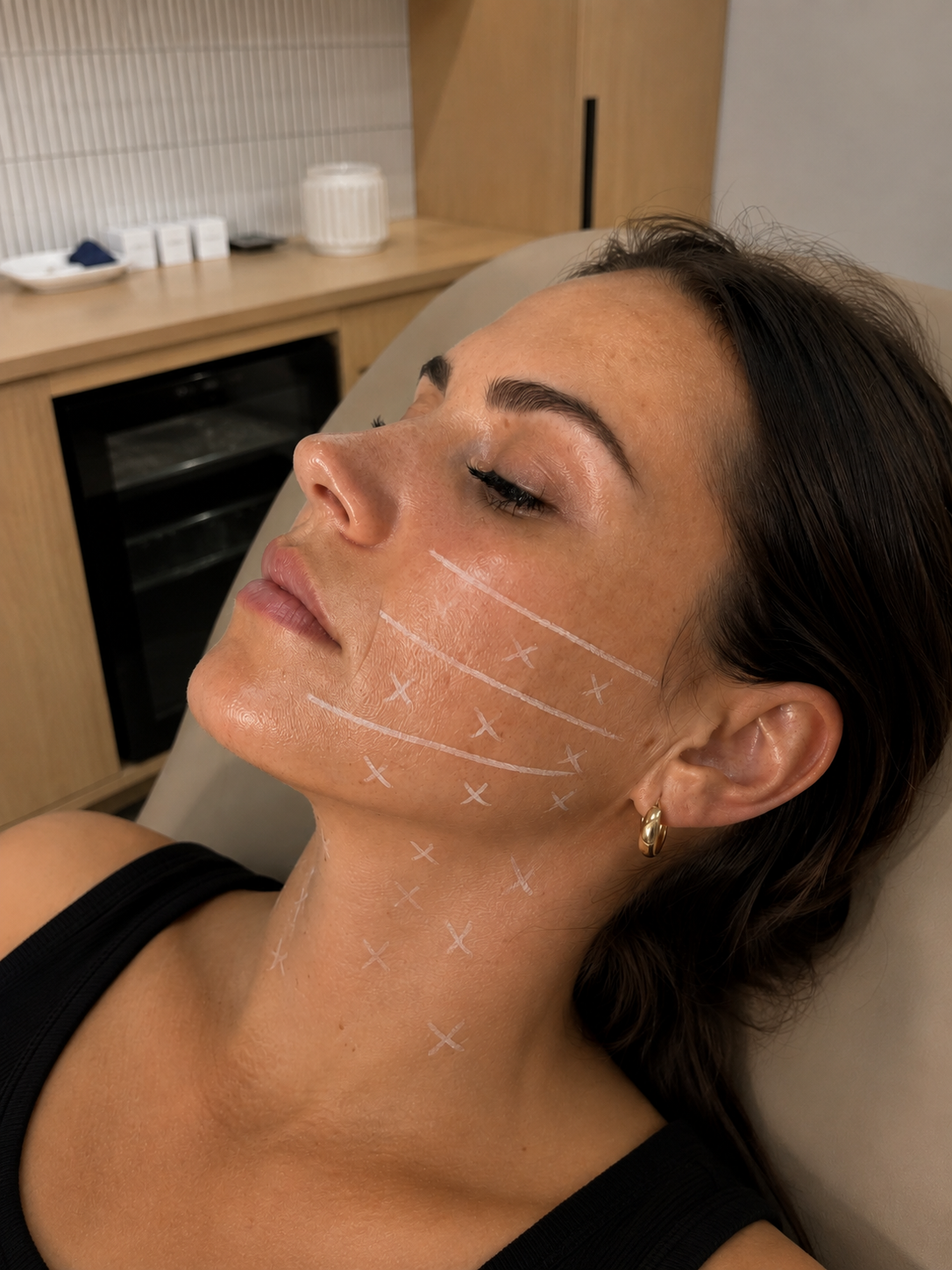 A woman lying on a medical bed with white markings on her face and neck, possibly preparing for a cosmetic procedure.