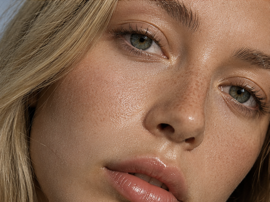 Close-up of a young woman's face with blonde hair, blue eyes, and natural makeup.