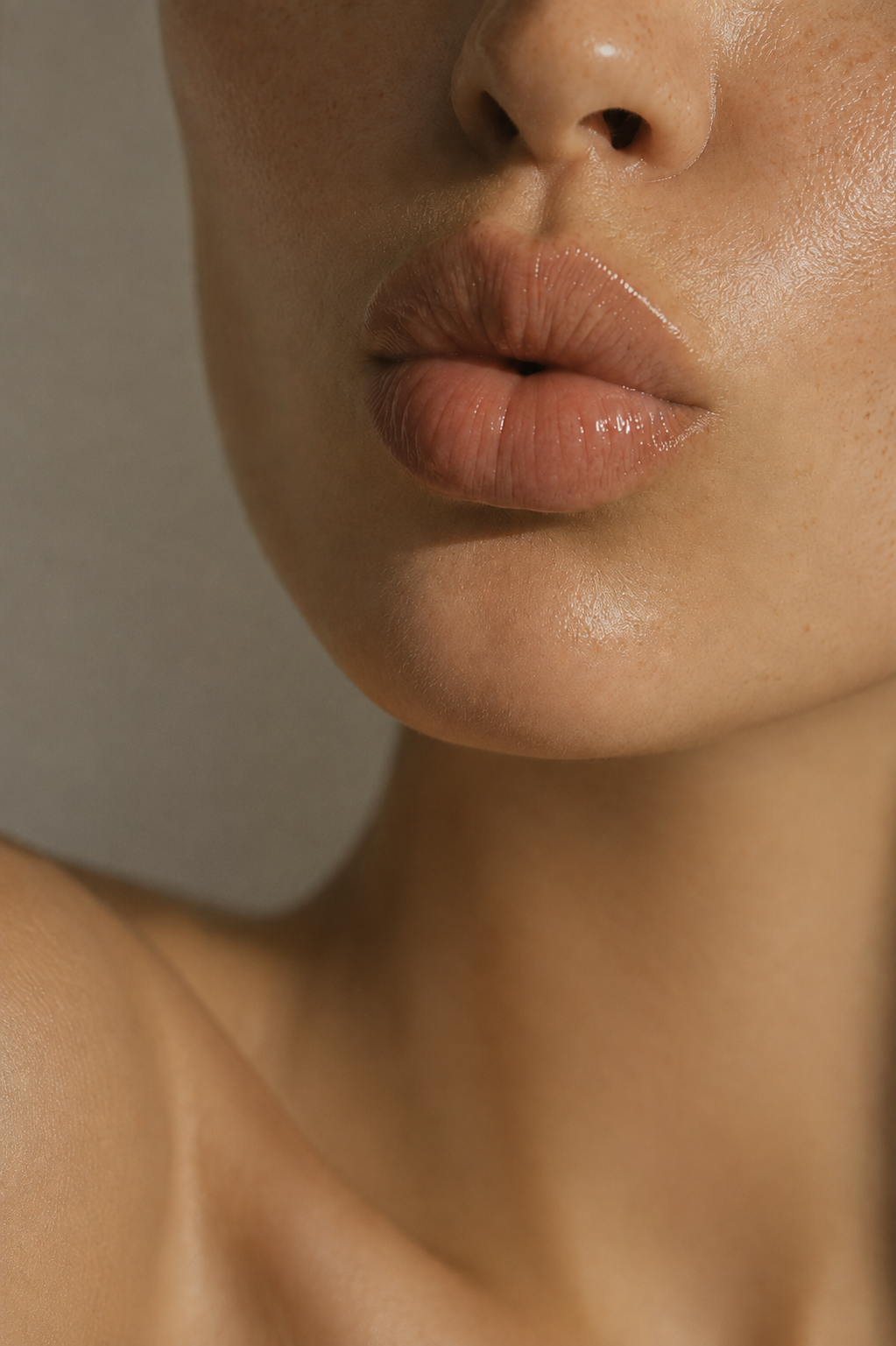 Close-up of a person's lips, nose, and part of their cheek and shoulder, with smooth skin and natural lighting.