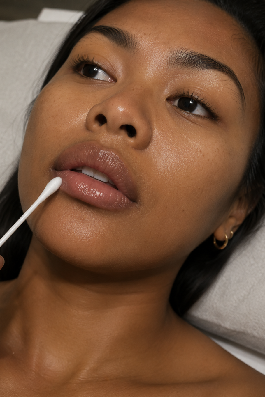 Close-up of a woman lying down after a lip filler treatment at Zorélia Aesthetics