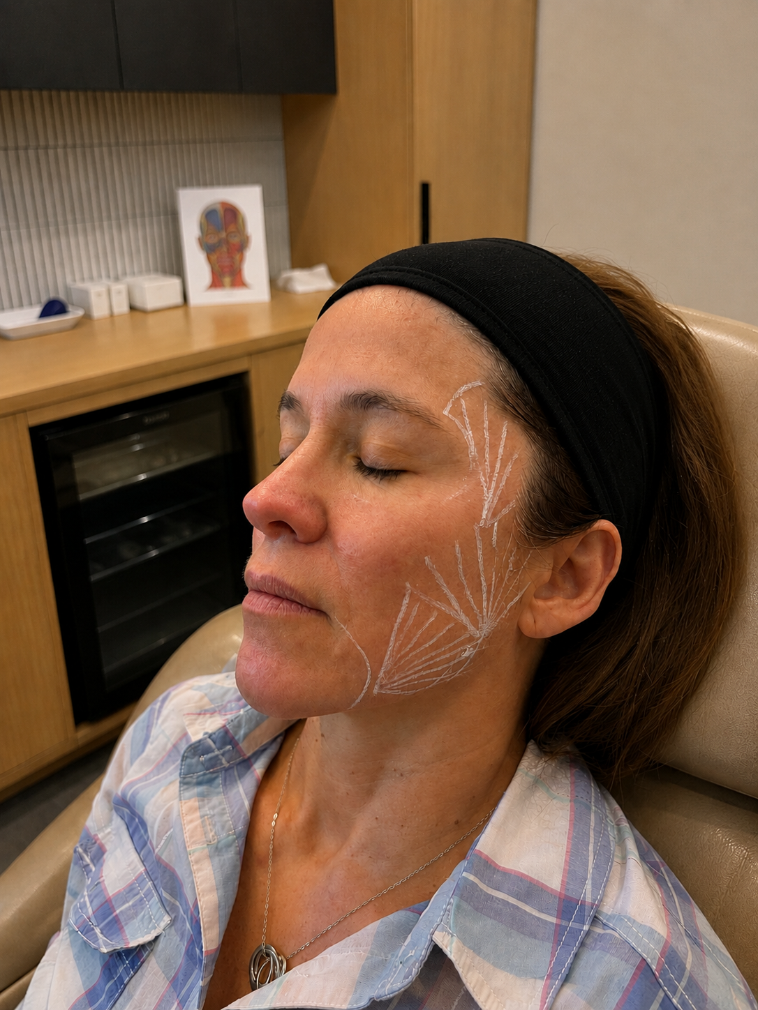 A woman with treatment markings for collagen stimulation treatment Sculptra, at Zorélia Aesthetics Perth.