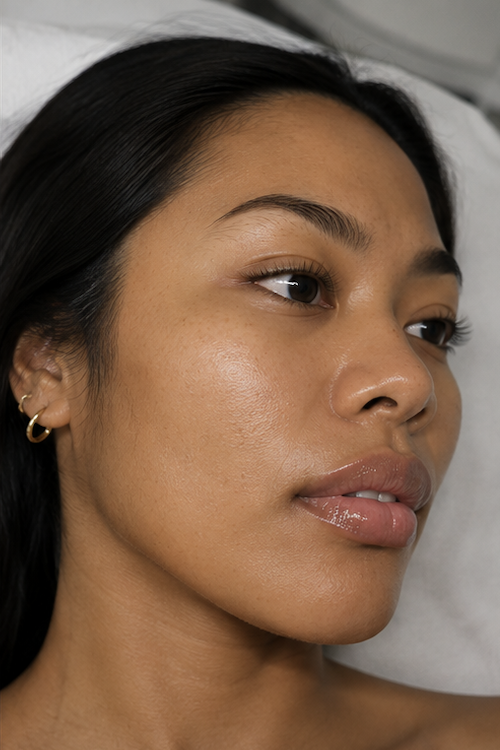 Close-up of a woman with long dark hair, gold hoop earrings, and dewy skin, lying on a white pillow.