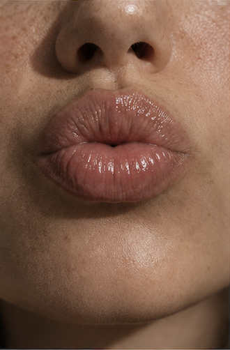 Close-up of a person's lips and nose, with glossy lips and visible skin texture.