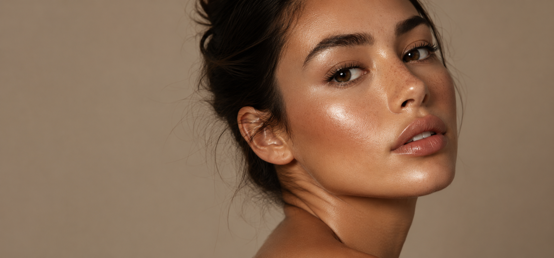 Close-up of a woman with brown hair styled back, smooth and glowing skin, and natural makeup, looking over her shoulder with a neutral background.