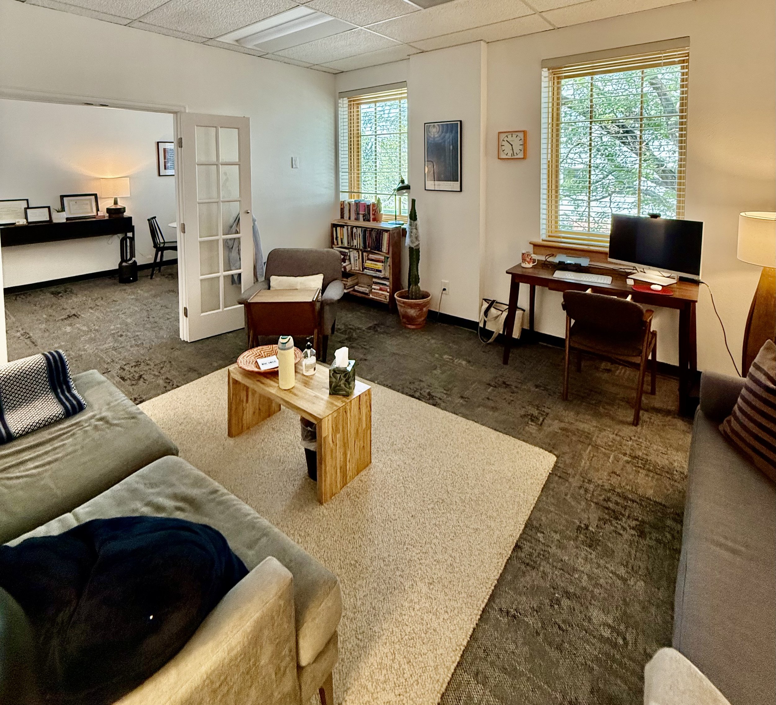 Living room with beige carpet, gray couch, wooden coffee table with items, dark-colored wood desk with computer monitor, bookshelf near windows, and indoor plants, sunlight coming through blinds.