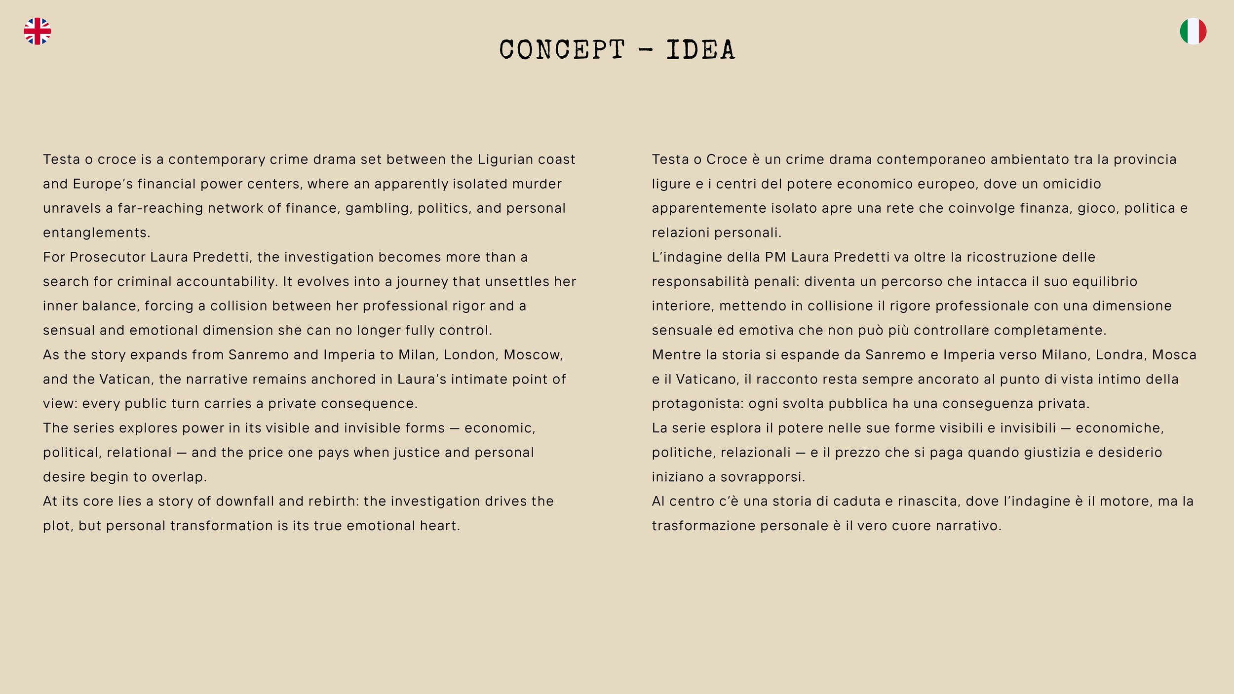 Testo in inglese e italiano che spiega una serie chiamata 'Concept - Idea', con bandiere del Regno Unito e Italia negli angoli superiori. Sfondo beige.