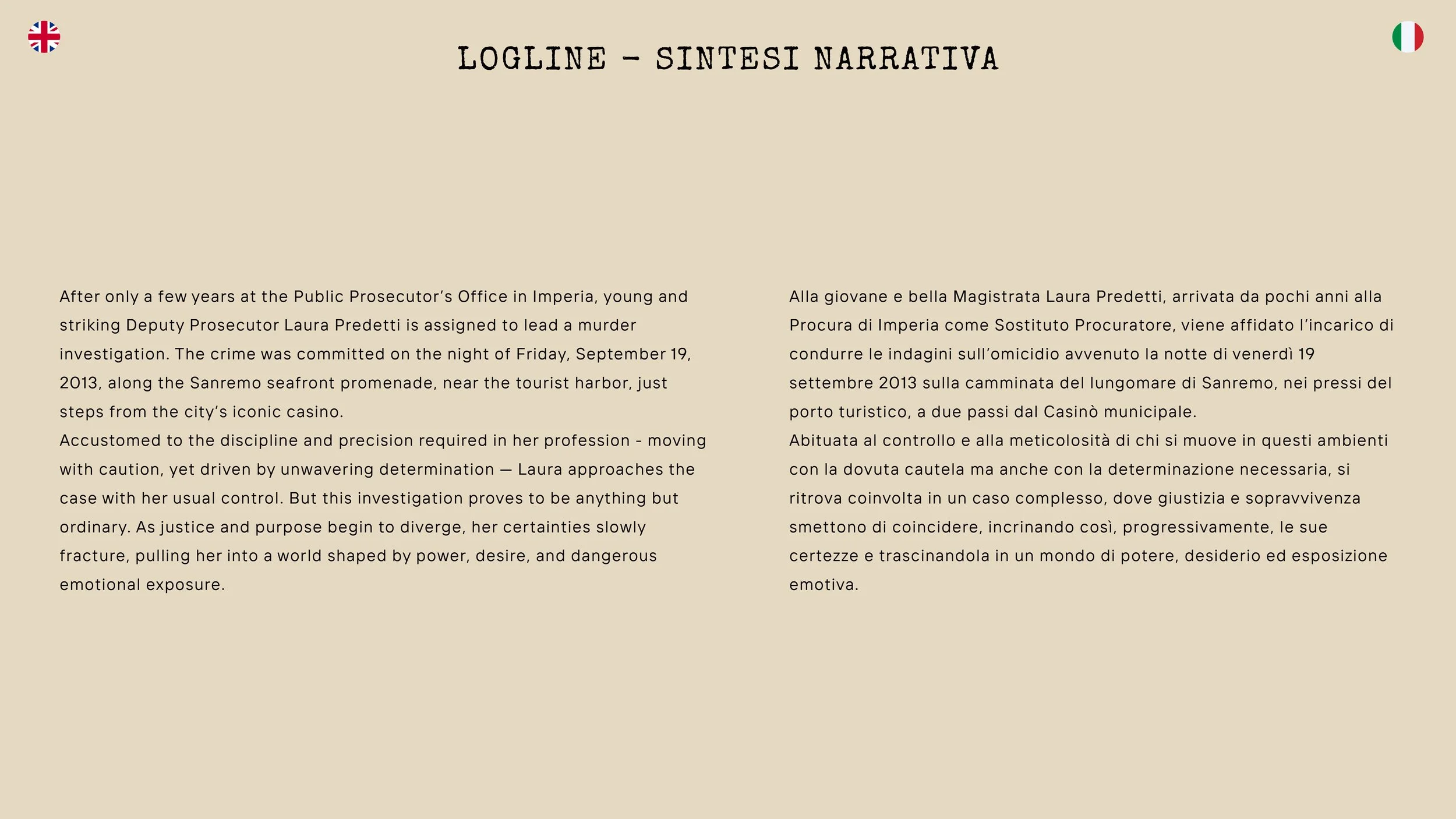 Schermata di una pagina web bilingue in inglese e italiano con testo sovrapposto e due bandiere in alto a sinistra e destra. Il testo riguarda la narrazione di un'indagine su omicidi e giustizia a Imperia, con riferimenti alla procuratrice Laura Predetti e a un caso nel porto di Sanremo.