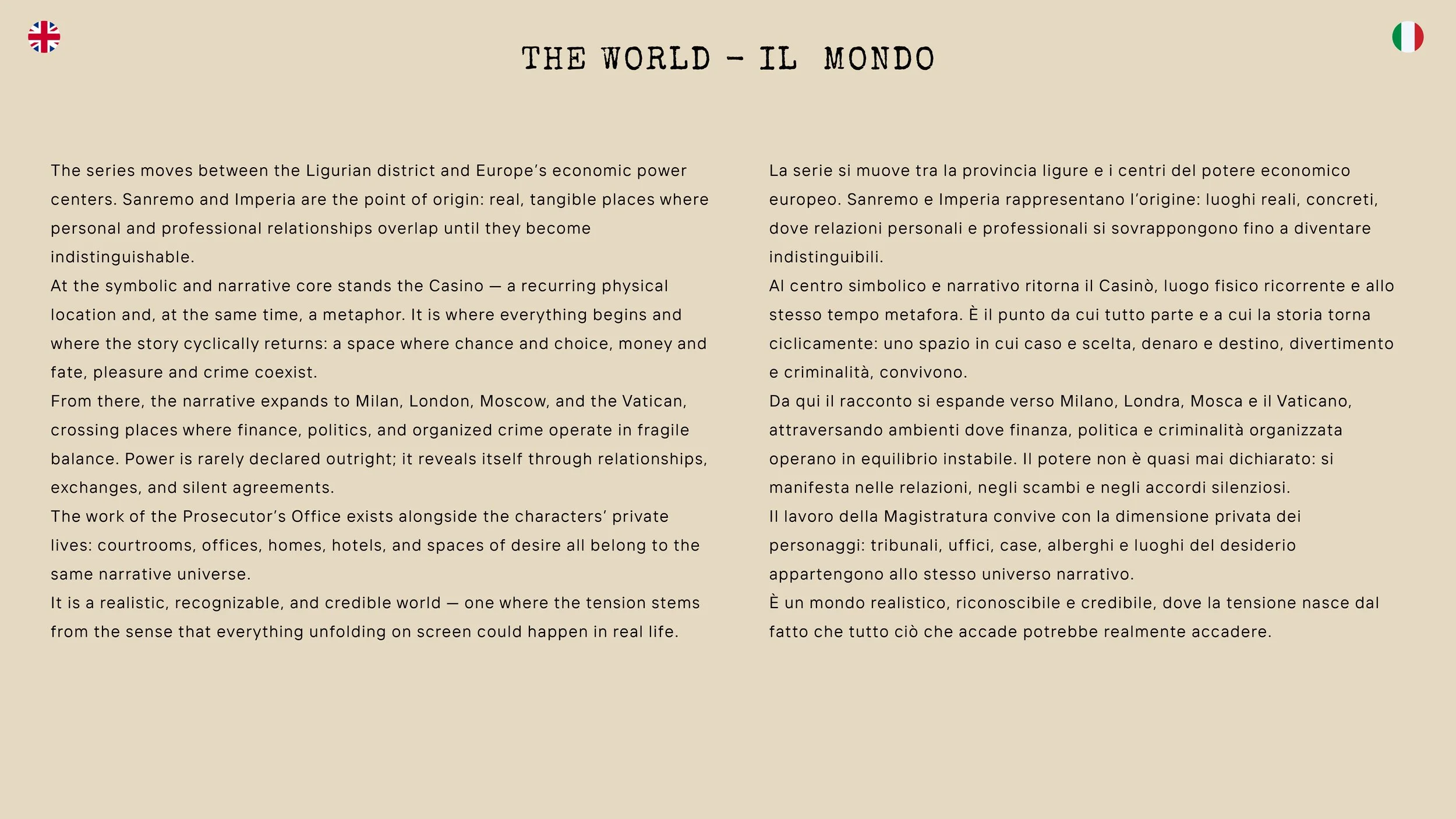 Testo multilingue in inglese e italiano sul tema di un serie che si svolge tra le province di Liguria, Sanremo, Imperia e città come Milano, Londra, Mosca e il Vaticano, con descrizioni delle relazioni sociali, e la presenza di un casinò come simbolo centrale.