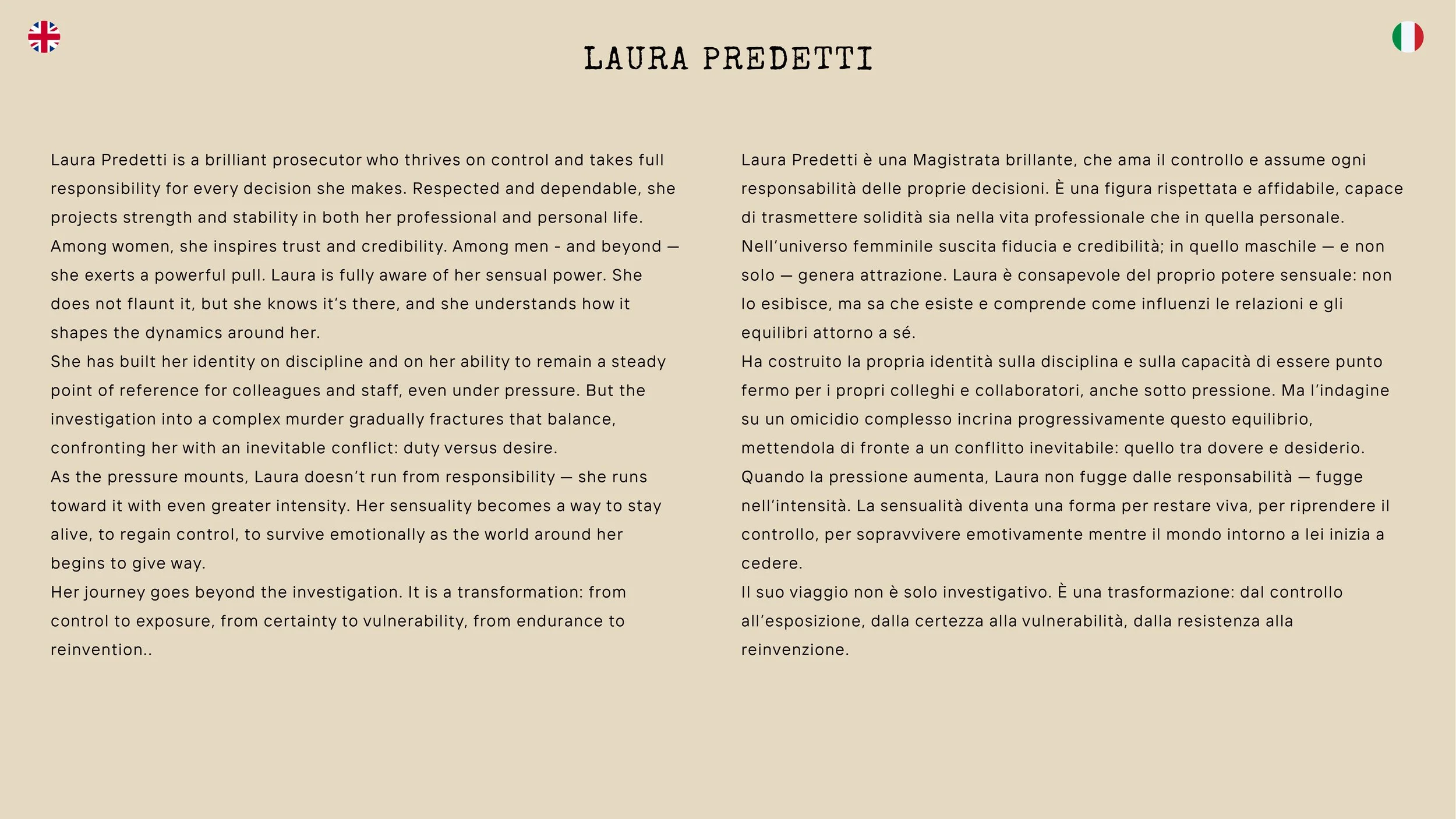 Testo bilingue in inglese e italiano su Laura Predetti, con piccoli loghi delle bandiere del Regno Unito e dell'Italia in alto a sinistra e a destra.