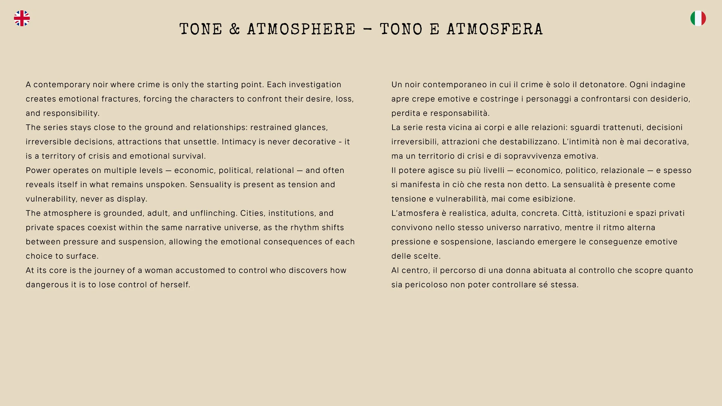 Testo bilingue in italiano e inglese sul tono e atmosfera, con bandiere del Regno Unito e Italia in alto agli angoli. Lo sfondo è beige chiaro.