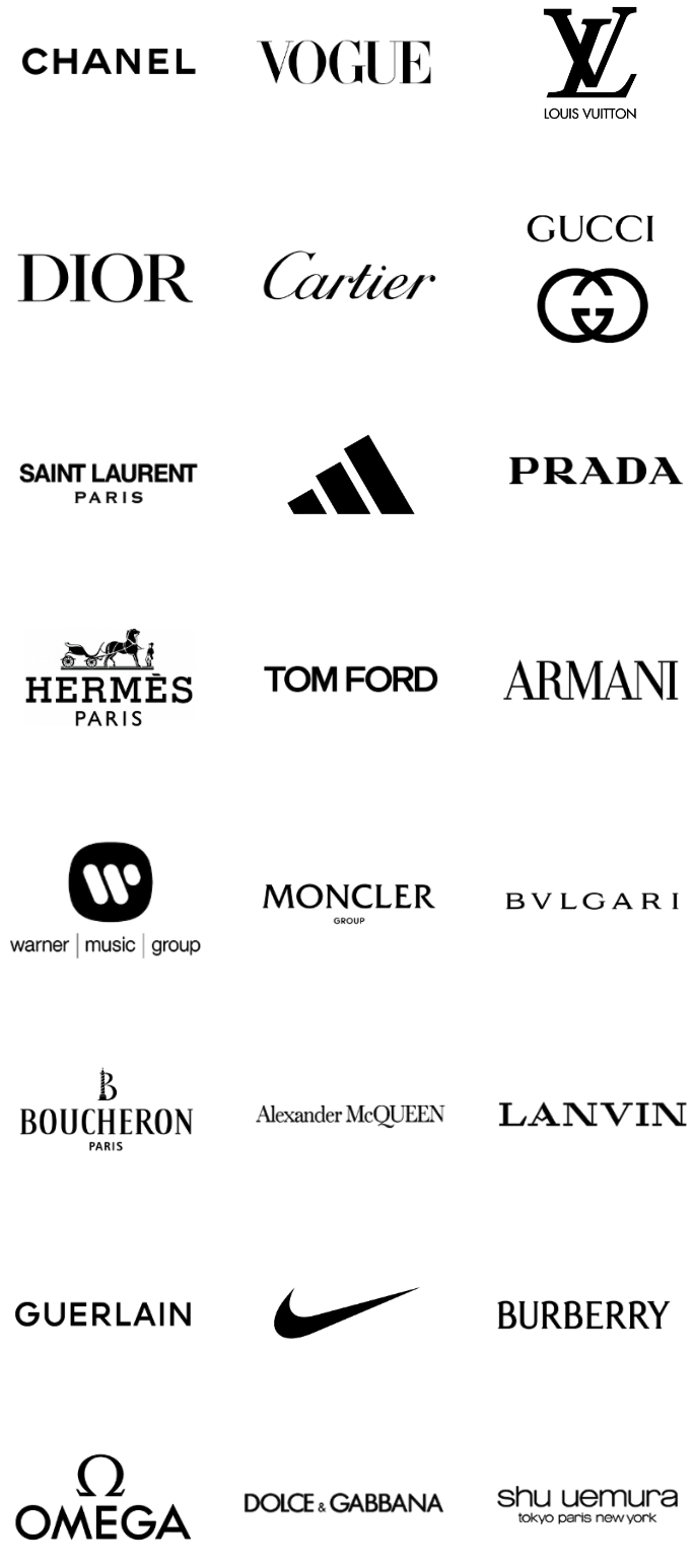 A collage of various luxury and designer brand logos in black and white, including Chanel, Vogue, Louis Vuitton, Dior, Cartier, Gucci, Saint Laurent, Adidas, Prada, Hermès, Tom Ford, Armani, Warner Music Group, Moncler, Bulgari, Boucheron, Alexander McQueen, Lanvin, Guerlain, Nike, Burberry, Omega, Dolce & Gabbana, and Shu Uemura.