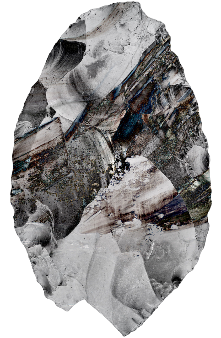 A close-up photo of a large, irregularly shaped piece of flint or stone with swirled and veined patterns in shades of white, gray, black, and brown.
