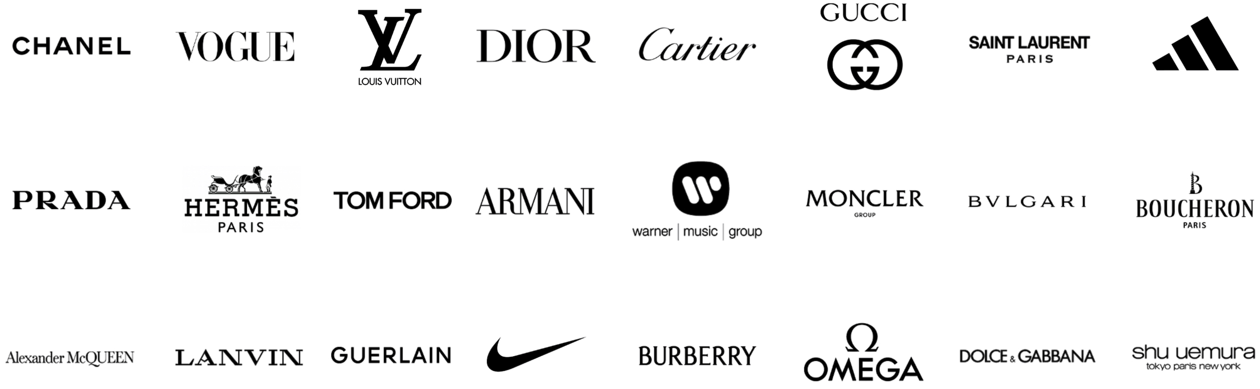 A collection of black luxury brand logos, including Chanel, Vogue, Louis Vuitton, Dior, Cartier, Gucci, Saint Laurent, Adidas, Prada, Hermès, Tom Ford, Armani, Warner Music Group, Moncler, Bulgari, Boucheron, Alexander McQueen, Lanvin, G-STAR RAW, Nike, Burberry, Omega, Dolce & Gabbana, and Shu Uemura on a white background.