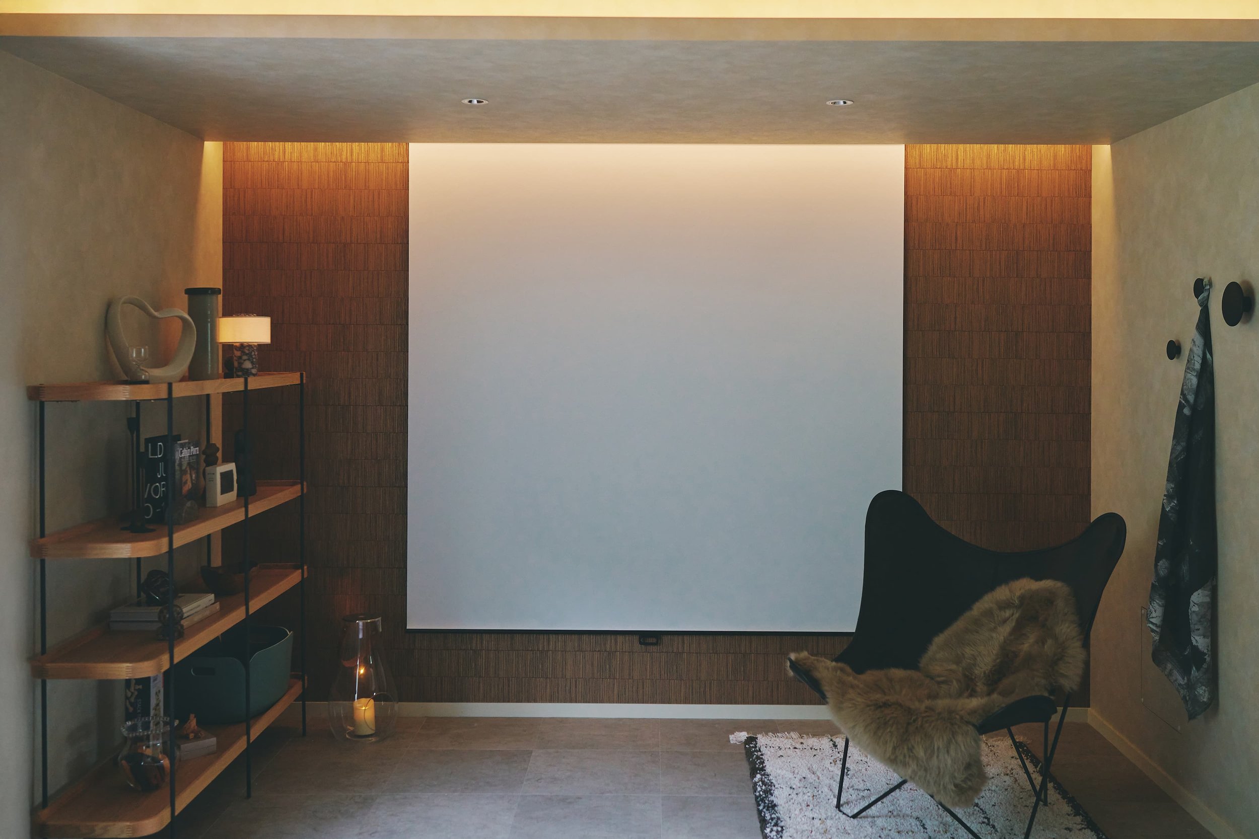 This is a photo of an indoor living room, with a large white screen hanging on the wall. On the left is a wooden shelf with glass ornaments, books, and other items on it. On the right, a cat is sitting in a chair.
