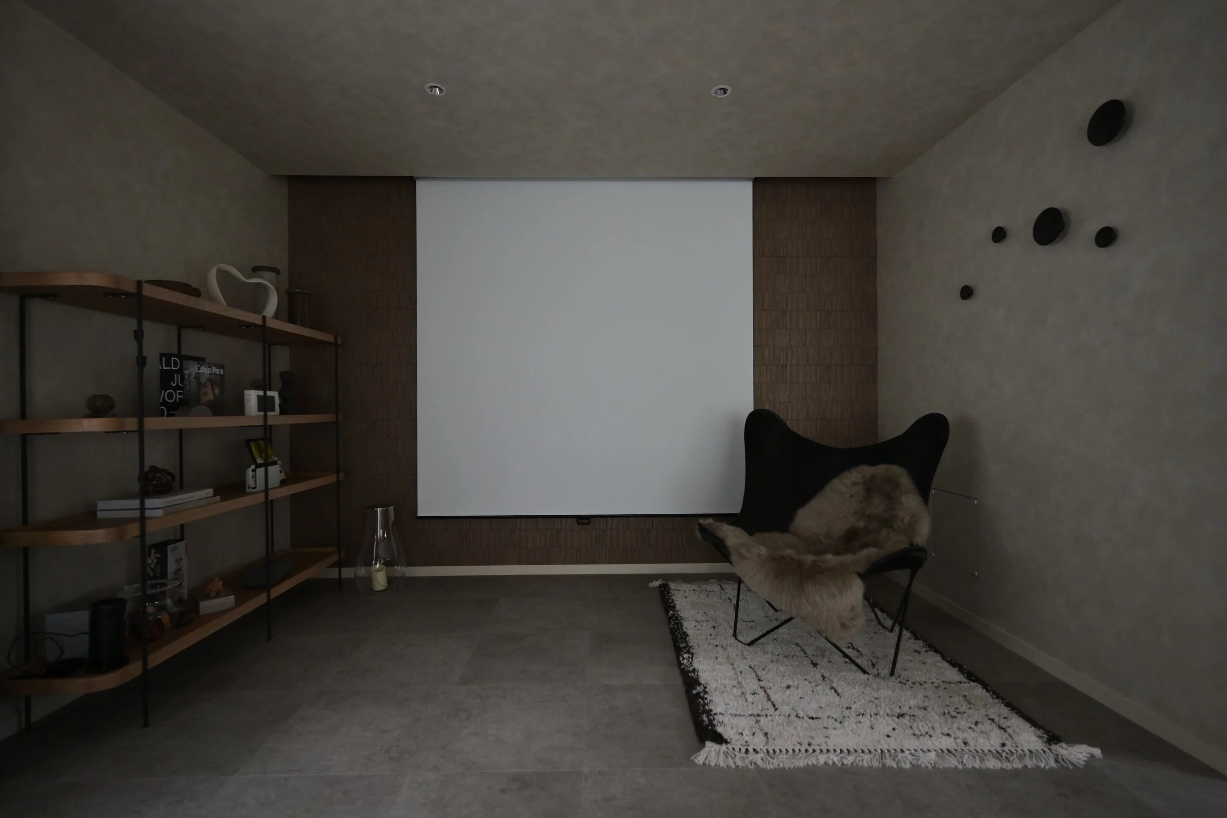 Living room interior: a white screen on the wall, decorative items and books on the shelves, a black chair and rug, and black decorations on the wall
