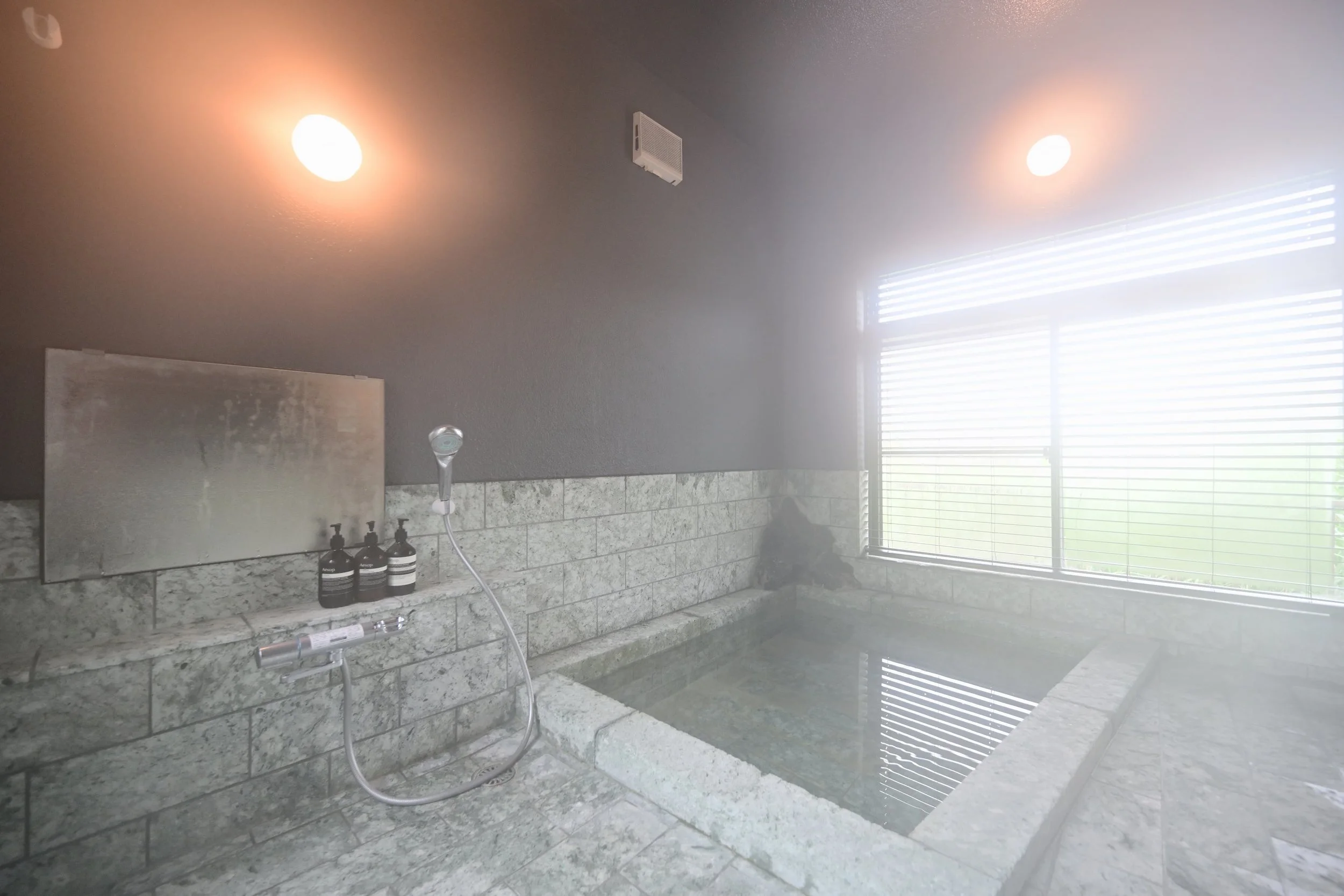 There are two lights and an exhaust fan on the bathroom ceiling. On the wall, there is a mirror and a shelf with bottles of shampoo and other items. The window has horizontal blinds, and you can see the view outside.