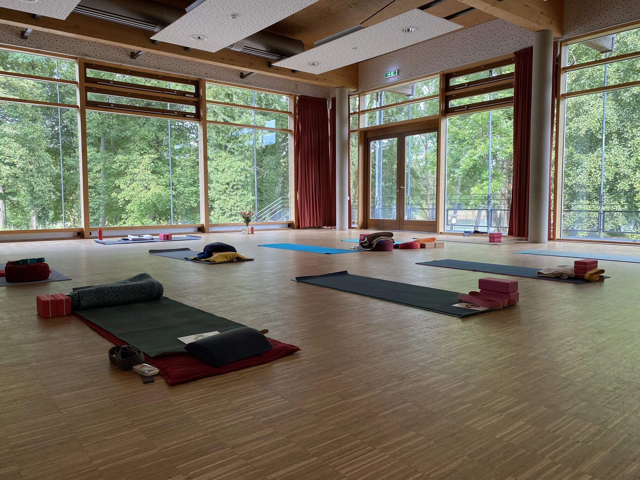 Ein heller, großer Raum mit niedrigen Fenstern, die einen Blick auf grüne Bäume im Freien bieten. Der Raum ist für eine Yogastunde vorbereitet, mit Yoga-Matten, Kissen und Yogablöcken verteilt.