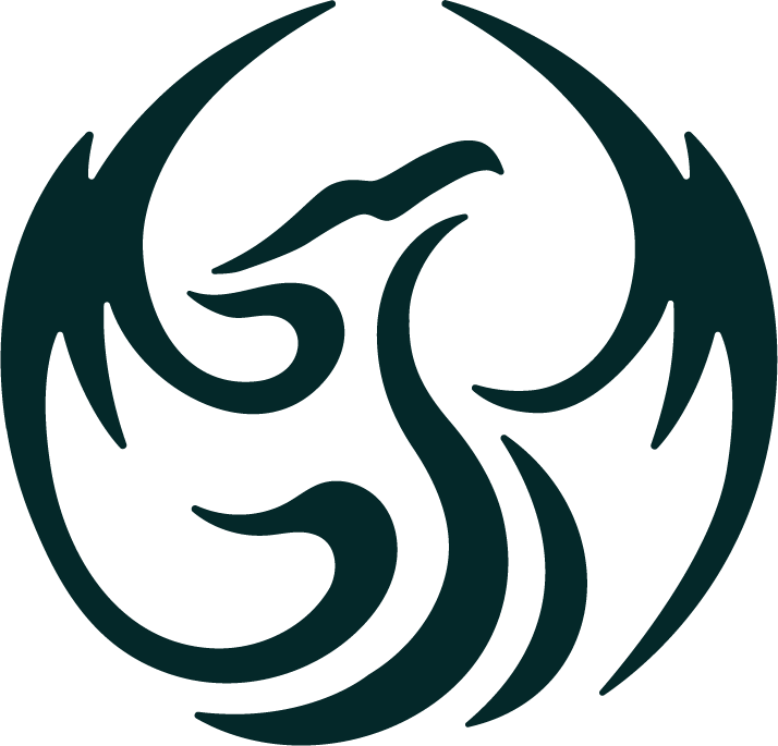 Ein schwarzes Logo mit stilisierten, verschlungenen Linien, die eine abstrakte Form bilden, möglicherweise einen Phönix.