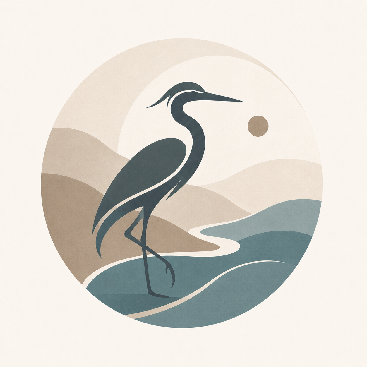 Minimalistische Illustration eines Graureihers in einer Flusslandschaft mit Bergen im Hintergrund und der Sonne oder Mond am Himmel.