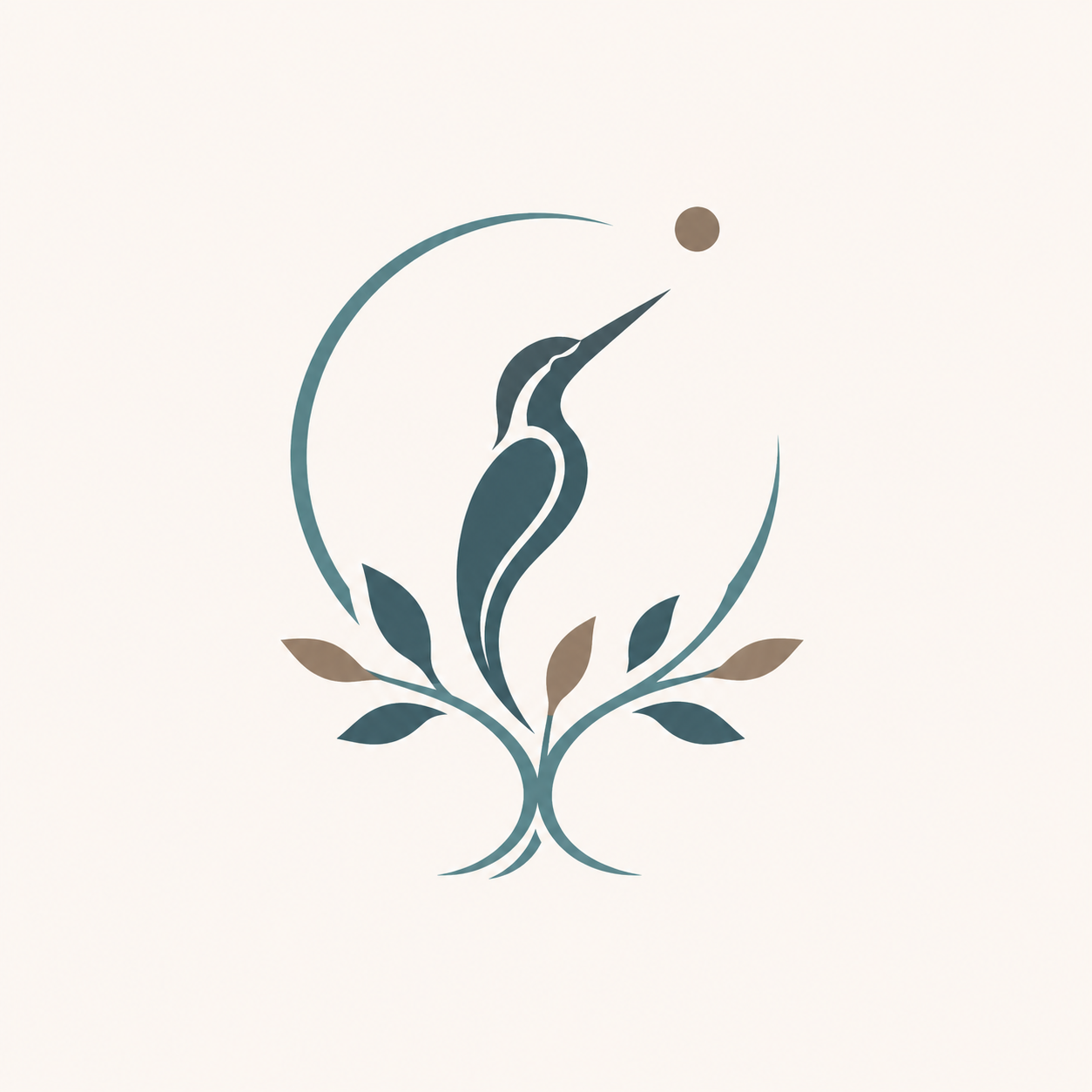 Minimalistisches Logo eines Storches mit einem Ei, umgeben von stilisierten Blättern.