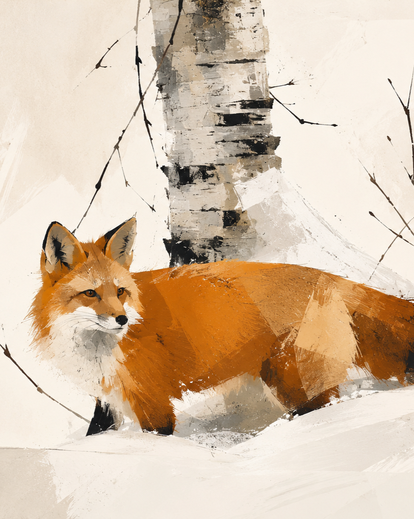 A digital painting of a red fox lying on snow in a winter landscape with a birch tree and branches in the background.