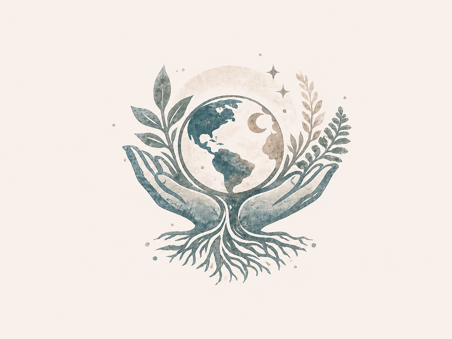 Eine Illustration der Erde, gehalten von zwei Händen, umgeben von Blättern, mit Wurzeln, die sich unten verzweigen, symbolisiert Umwelt- und Naturschutz.