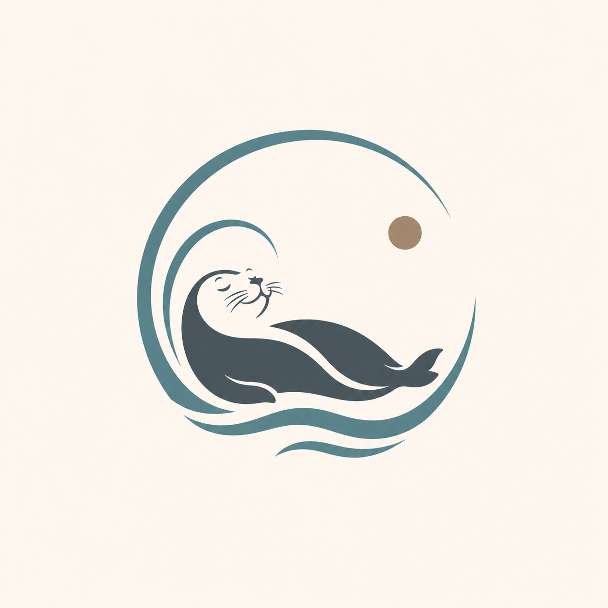 Stilisiertes Logo eines liegenden Seelöwen, umgeben von Wellen und einer Sonne im Hintergrund.