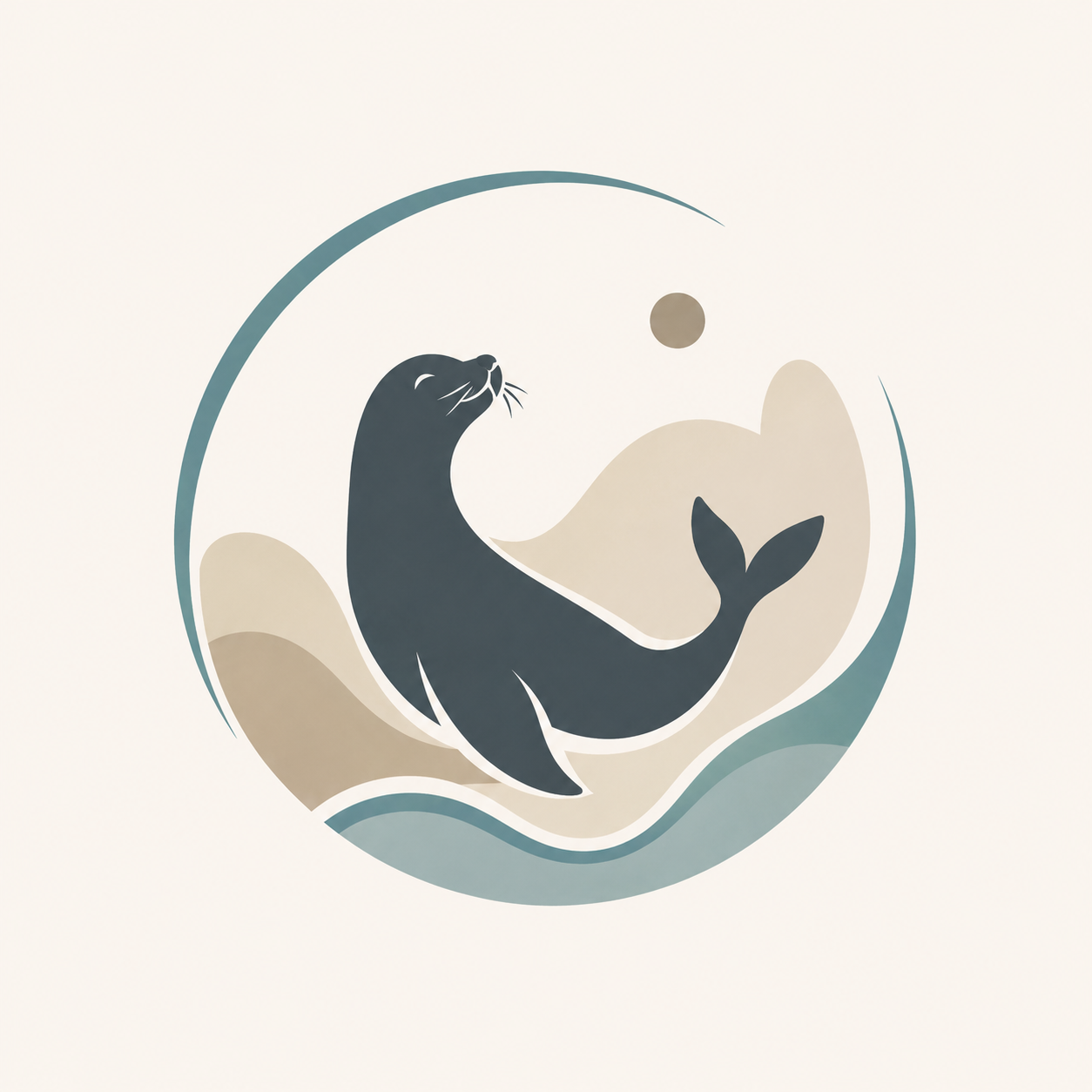 Abstrakte Illustration eines Otters, der im Wasser schwimmt, mit Wellen und einem Ball im Hintergrund.