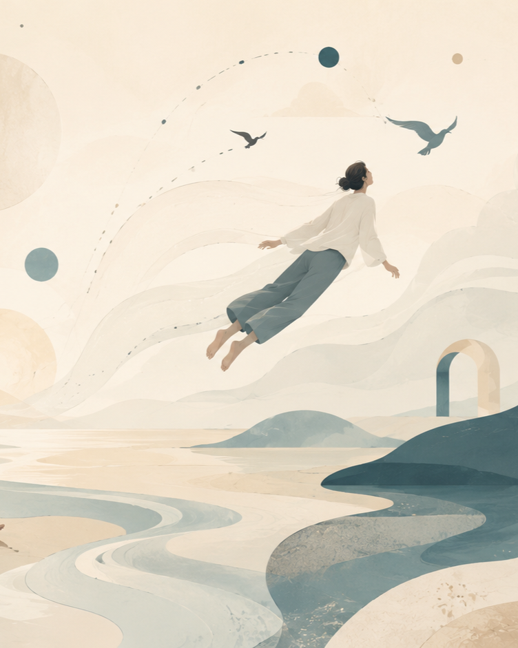 Eine Frau fliegt über eine abstrakte, surrealistische Landschaft mit Flüssen, Hügeln und Himmelskörpern, umgeben von fliegenden Vögeln.