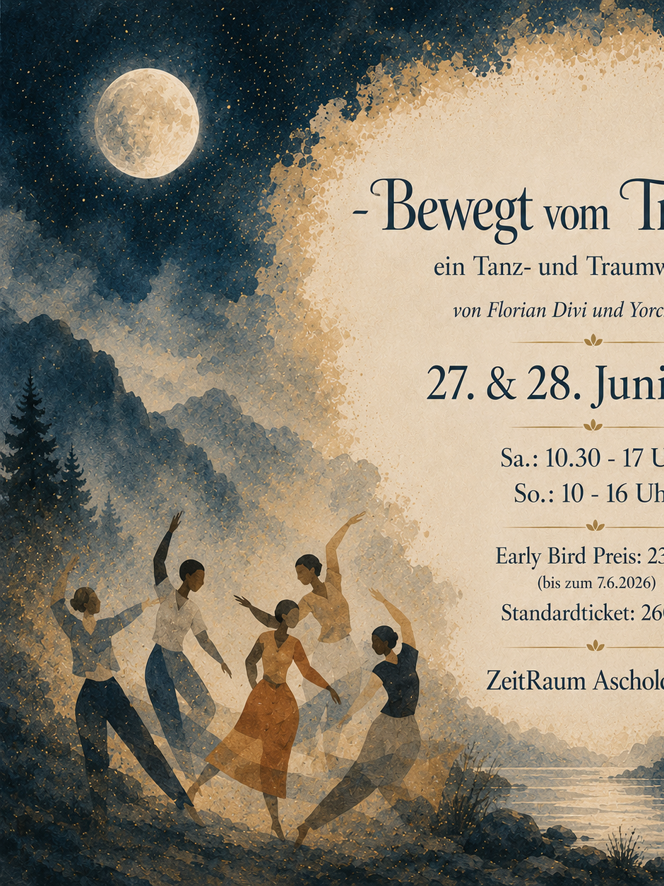 Ein Herbstfest-Plakat mit nächtlichem Himmel, Mond und tanzenden Menschen in der Natur, mit Veranstaltungsdetails für ein Tanz- und Traumevent am 27. und 28. Juni.