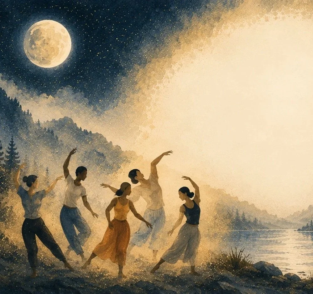 Eine Gruppe von Tanzenden tanzt in einer natürlichen Umgebung bei Nacht, beleuchtet vom Vollmond, mit Bergen, Bäumen und einem Fluss im Hintergrund.