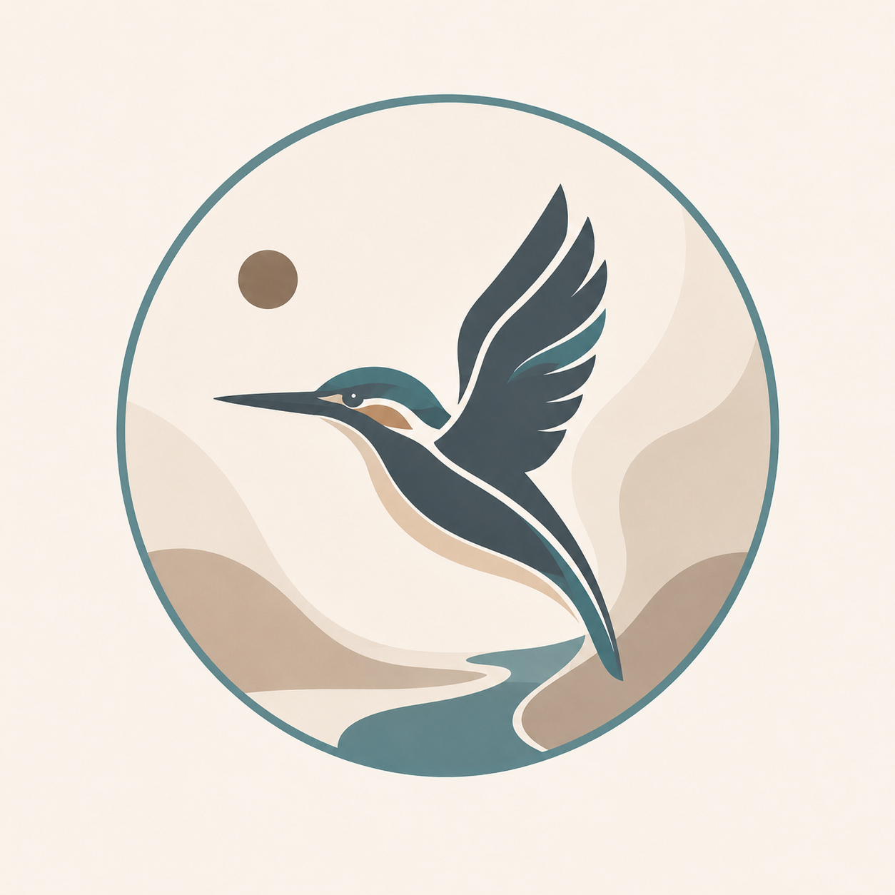 Illustration eines fliegenden Vogels, wahrscheinlich eines Reiher, vor einem Kreis mit Berglandschaft und einem Sonnen- oder Mondschein im Hintergrund.
