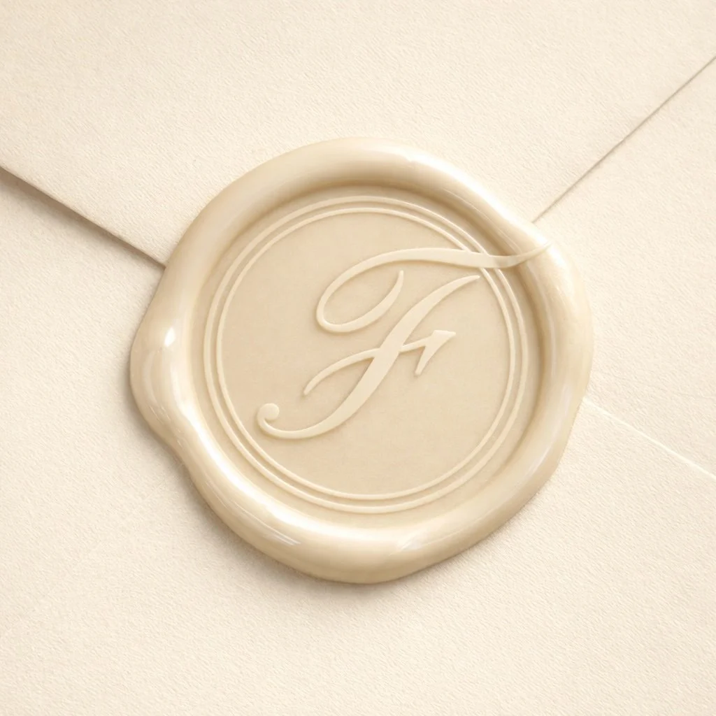 Un sceau en cire blanche avec la lettre cursive 'F' au centre, posé sur une enveloppe ou une carte.