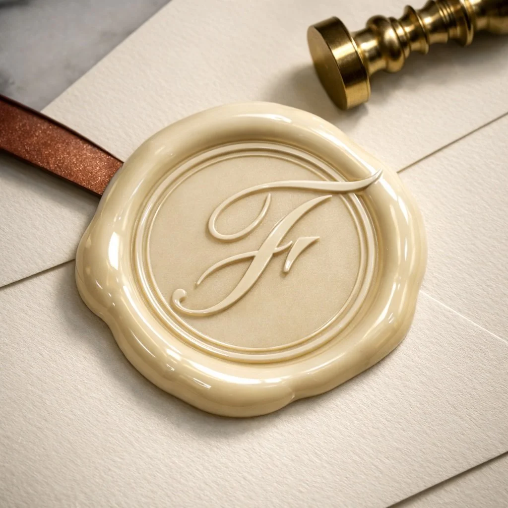 Cachet de cire avec la lettre 'F' en relief, placé sur un papier blanc, à côté d'une chevalet en métal doré.