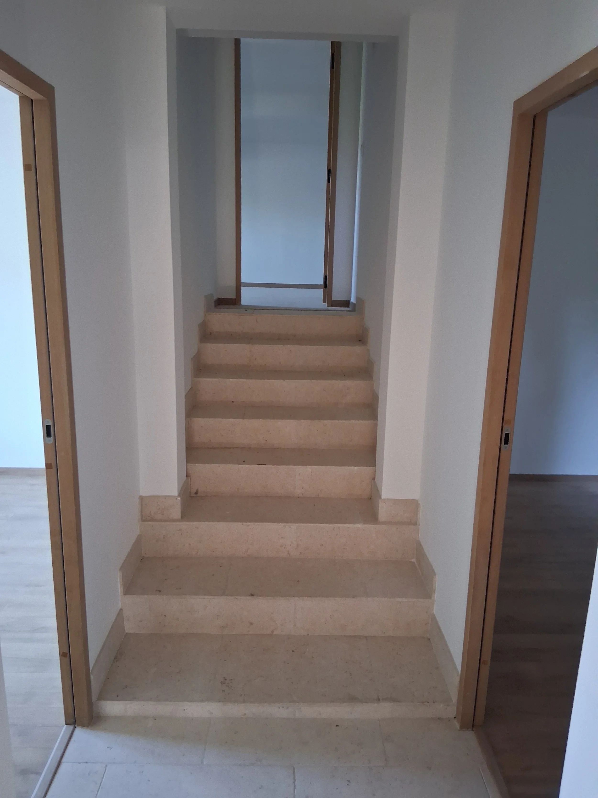 Escalier intérieur en pierre menant à une porte en bois, dans une maison neuve