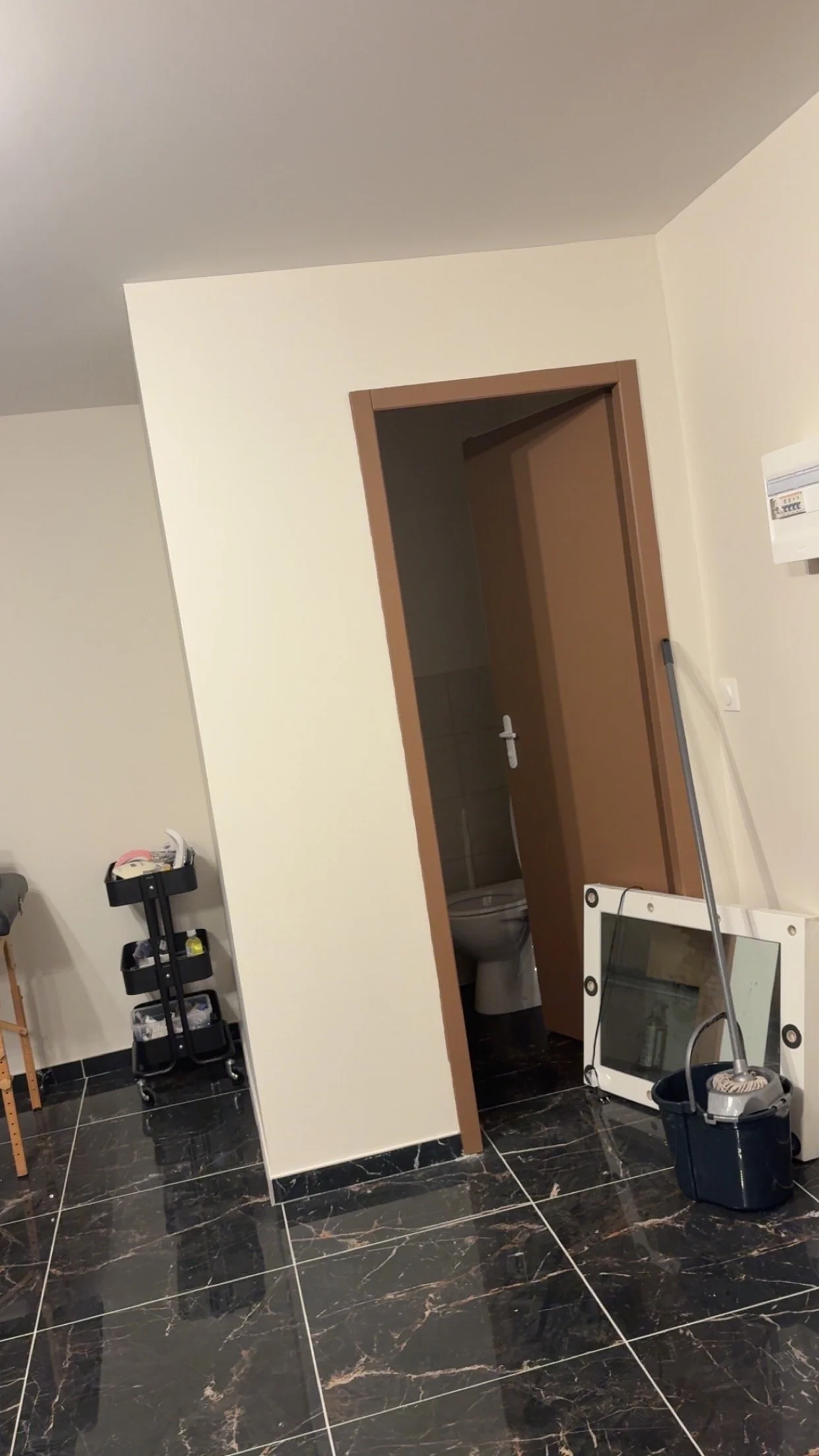 Une pièce avec un sol en marbre noir, une porte en bois menant à une salle de bain avec des toilettes, un petit meuble noir avec des rangements, un miroir cassé ou endommagé posé sur le sol, une petite étagère noire avec des objets, un lampadaire ou 