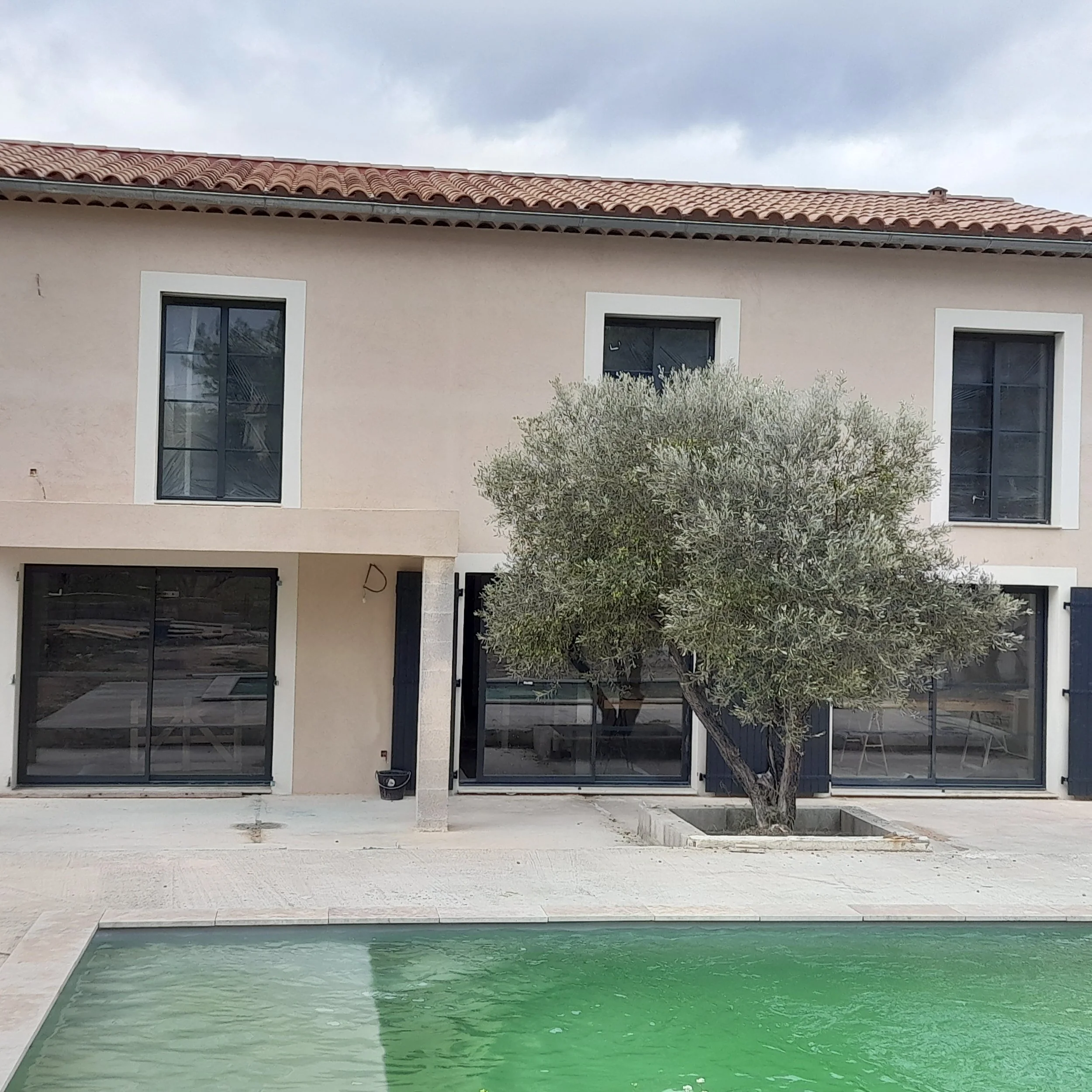 Piscine avec une eau verte devant une maison moderne, avec deux fenêtres et un arbre.