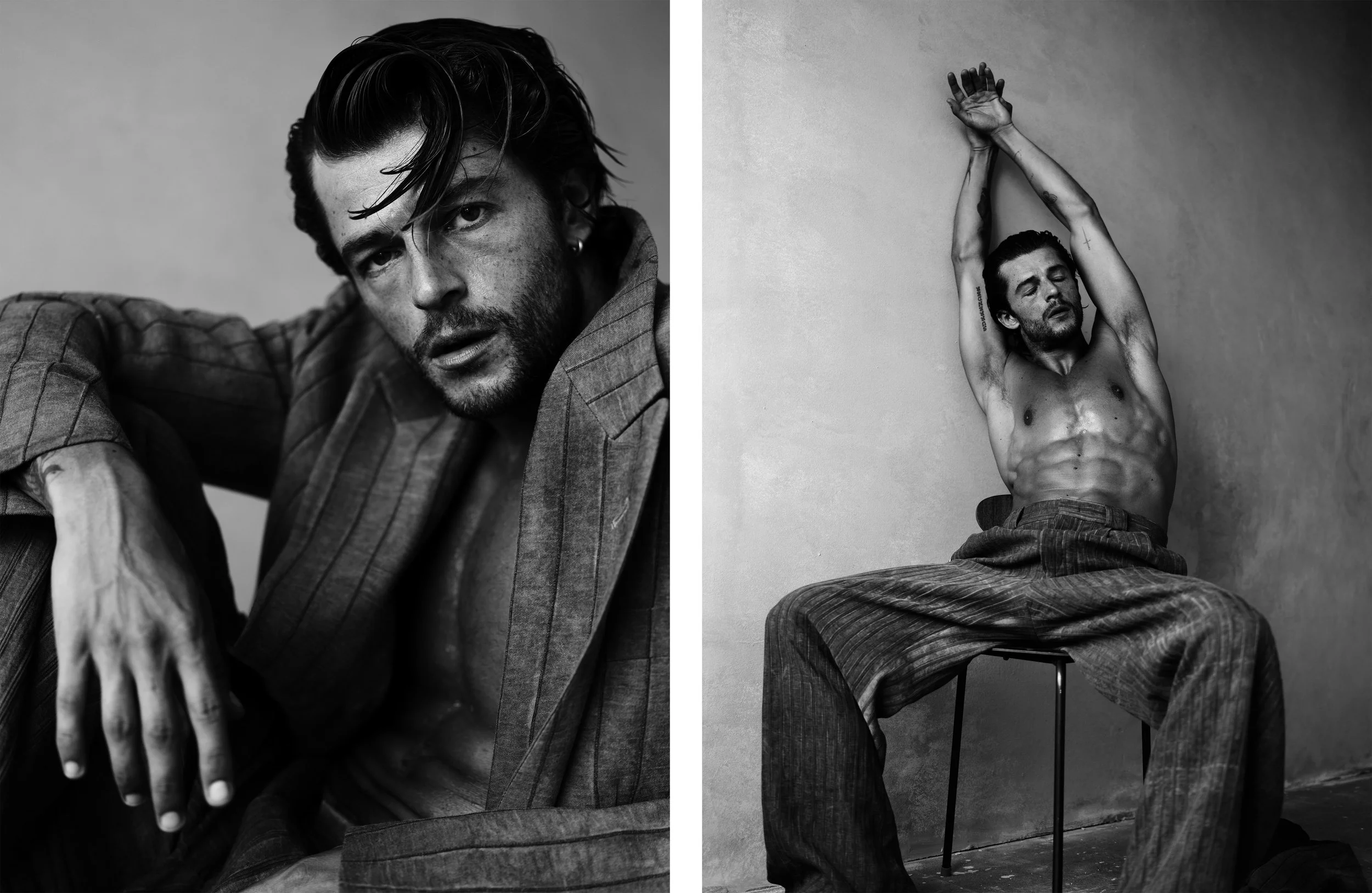 Editorial portraits of Sam Salter topless by Chris Mann London