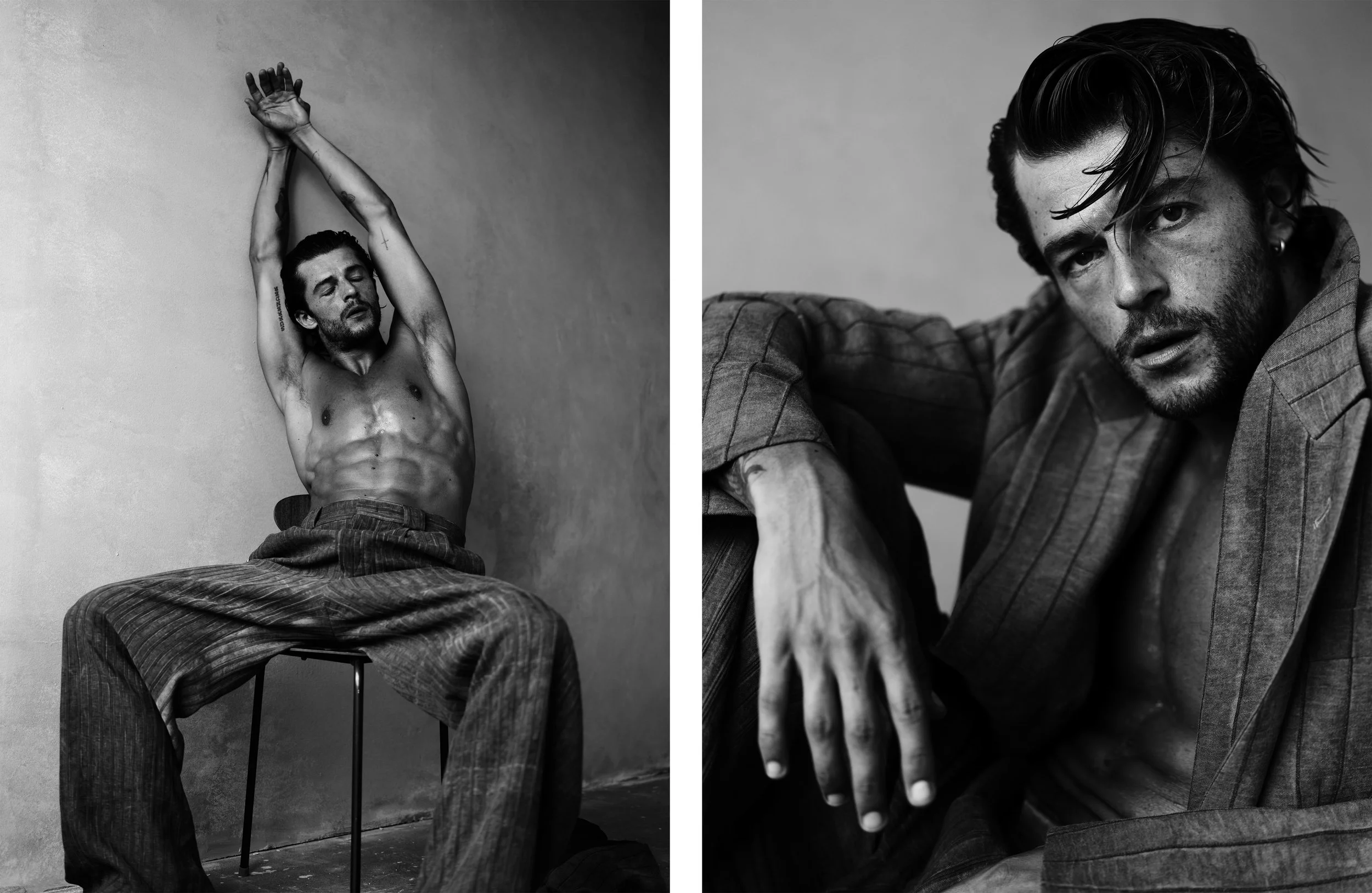 Editorial portraits of Sam Salter topless by Chris Mann London