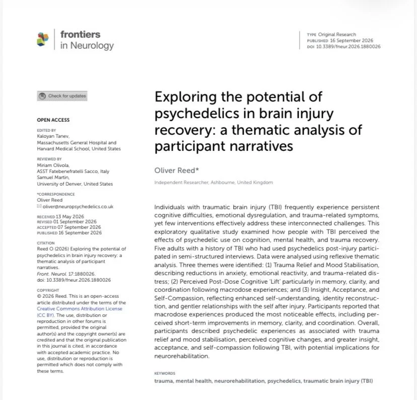 Delighted to see my first paper on psychedelics and brain injury published today in Frontiers in Neurology
