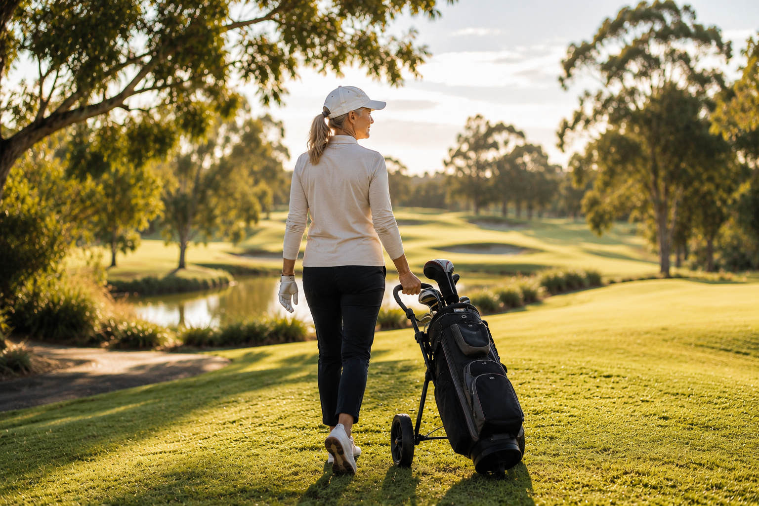 Female golfer walking on a golf course with her clubs