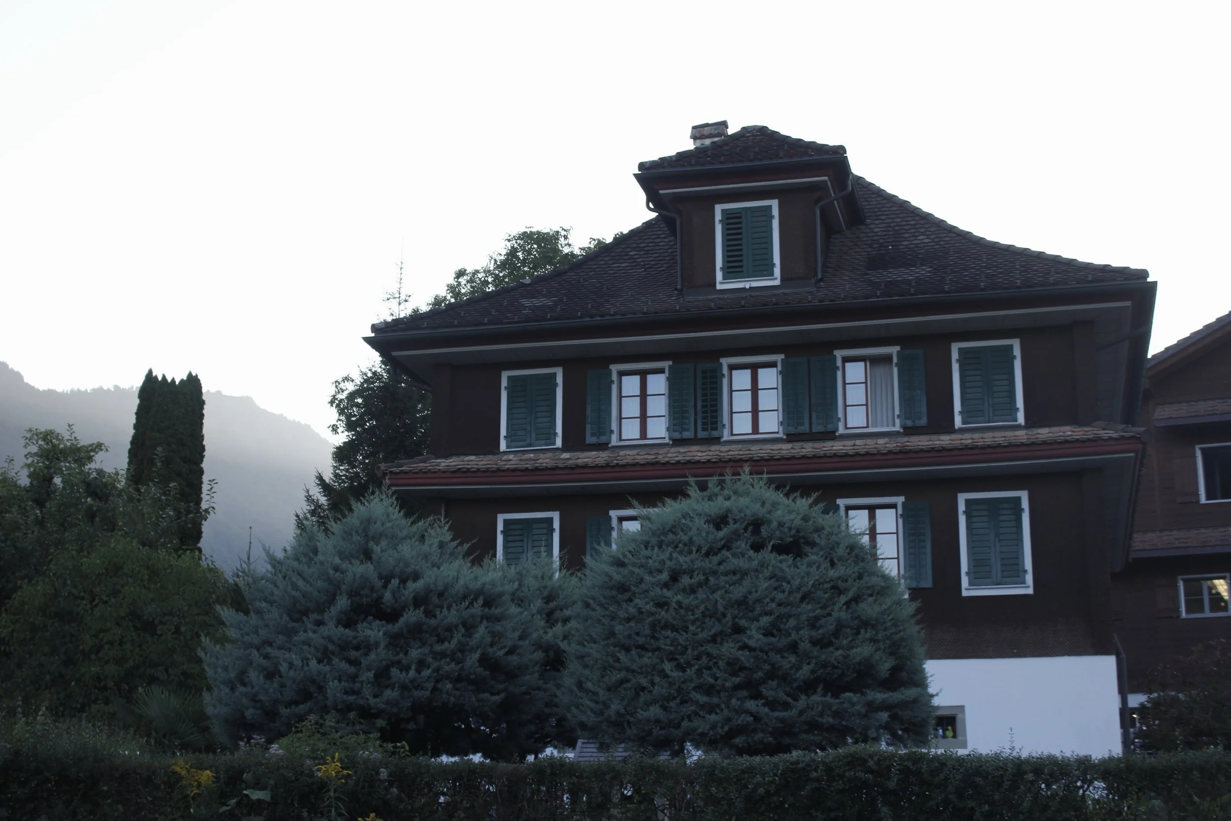 A multi-story house with green shutters on its windows, a tiled roof, and a small dormer window on the roof, surrounded by trees and bushes, with a mountain in the background.