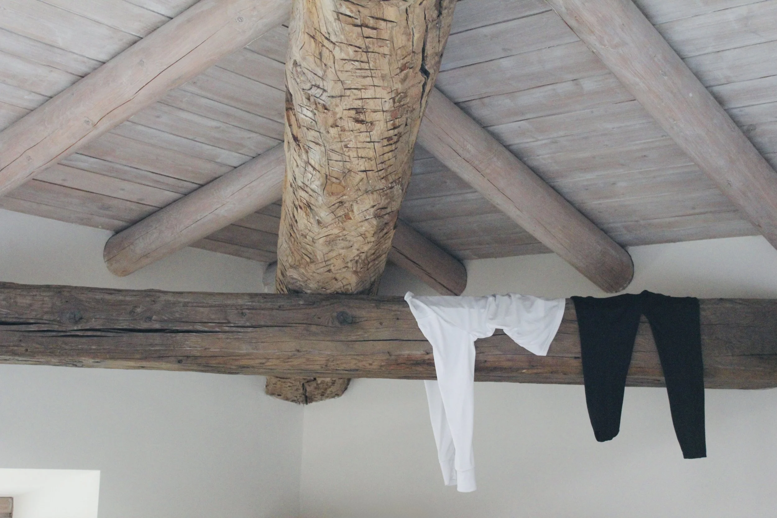 Interior ceiling with exposed wooden beams and logs, part of a rustic-style room interior.
