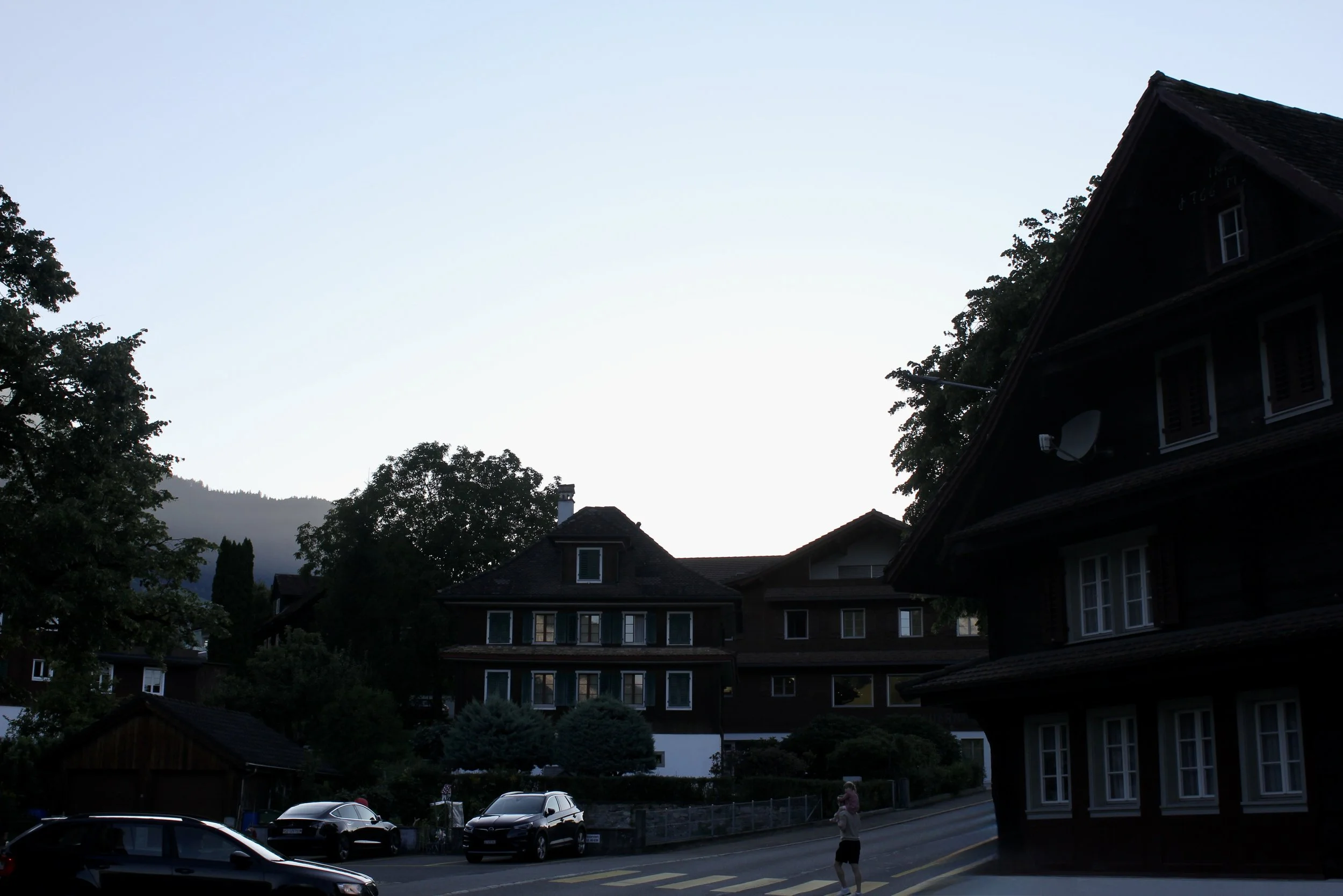 Residential neighborhood with houses, trees, parked cars, and a woman standing on the sidewalk in the evening with a clear sky.