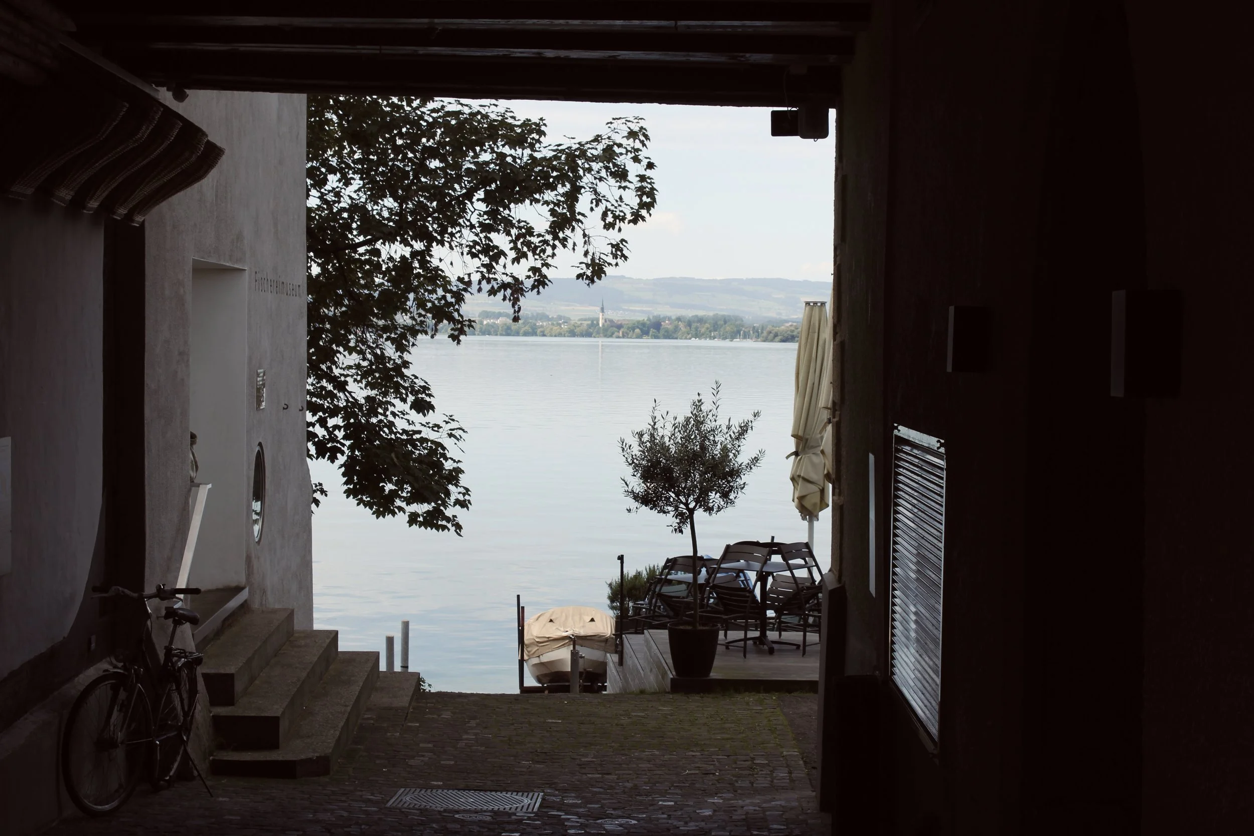 View of a lake or river from a shaded outdoor area, with trees, a boat, and distant hills or mountains visible across the water.