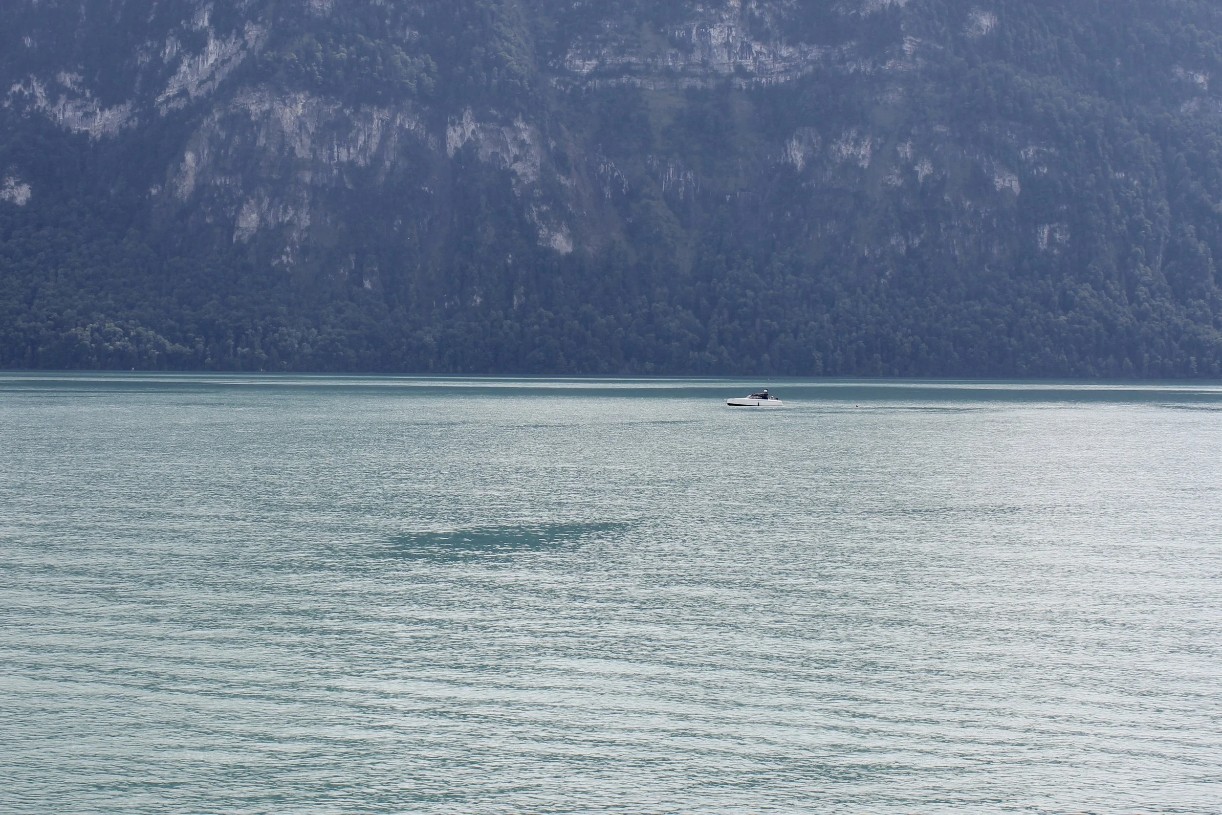 A boat on a calm lake with mountains and trees in the background.