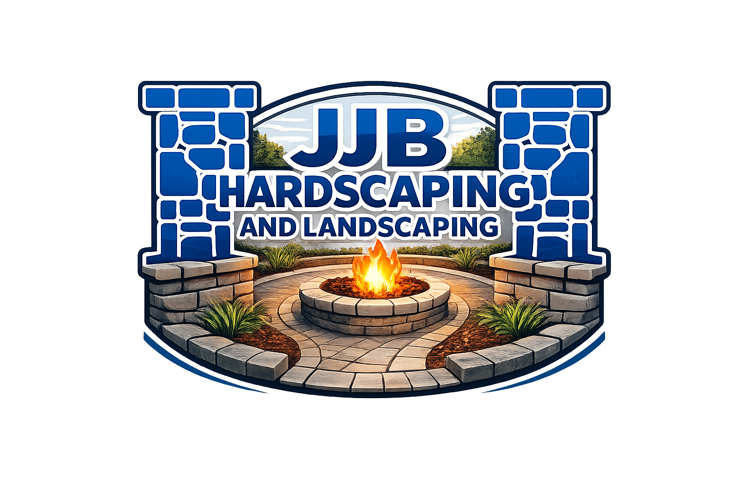 Logo for JJB Hardscaping and Landscaping featuring a stone patio with a fire pit, surrounded by landscaping, and the company name in bold blue letters.