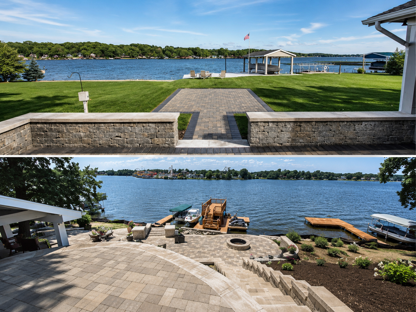 Two images of a lakeside backyard. The first image shows a manicured lawn, a brick pathway, a boat dock, and Adirondack chairs facing the lake. The second image shows a tiled patio with a fire pit, boat docks, and a view of the lake with boats and a distant amusement park.